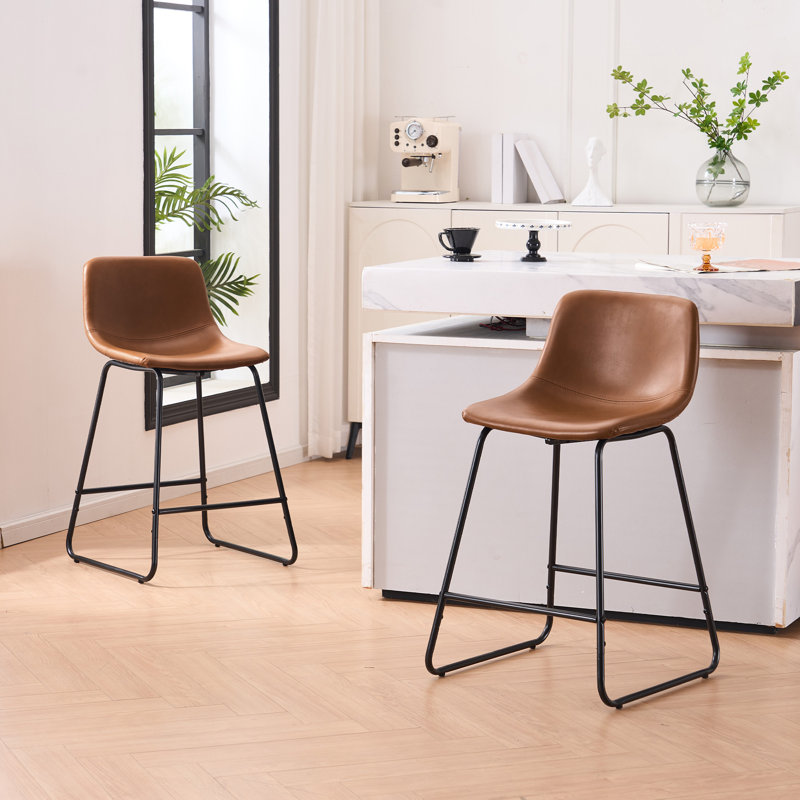 Modern PU Leather Bar Stools with Cushioned Seat – Comfortable Counter Height Kitchen Island Seating,  Set of 2, Brown