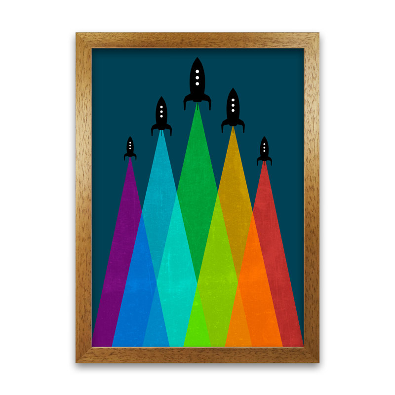 Rainbow And Navy Rocket B - Print, Oak Frame, 84cm H x 59cm W x 3cm D
