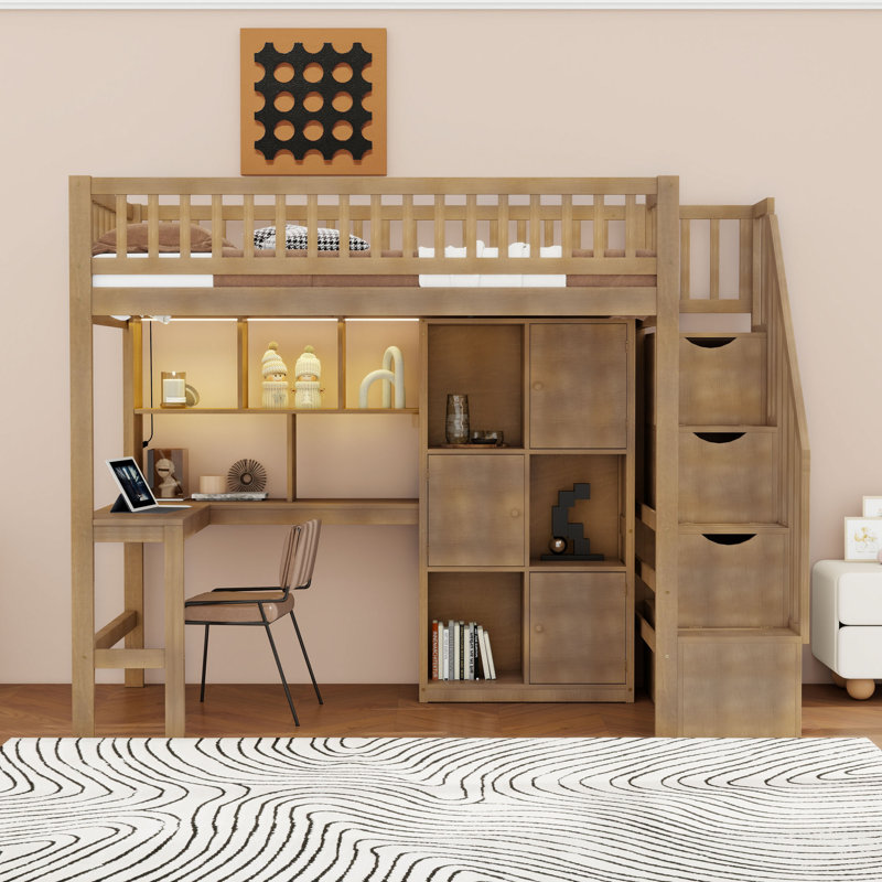 Lit mezzanine simple avec bureau intégré, DEL, tablettes et armoires, Noyer
