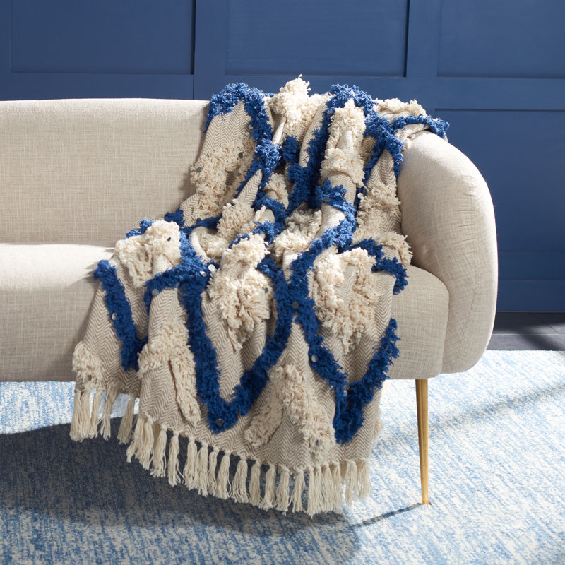 Hand Woven Throw Blanket, Navy/Beige