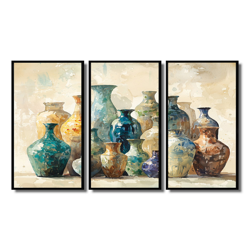 Ensemble de salon vases bleus en motif I - Boho Pottery, H 40 po x l 60 po x P 1 po, Toile avec cadre flottant noir