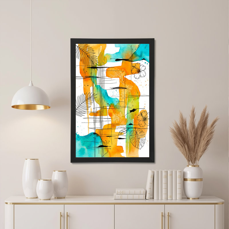 Abstrait feuilles tropicales et fleurs tendues sur toile, ensemble de 1 reproduction d'art sur toile, H 18 po x l 12 po
