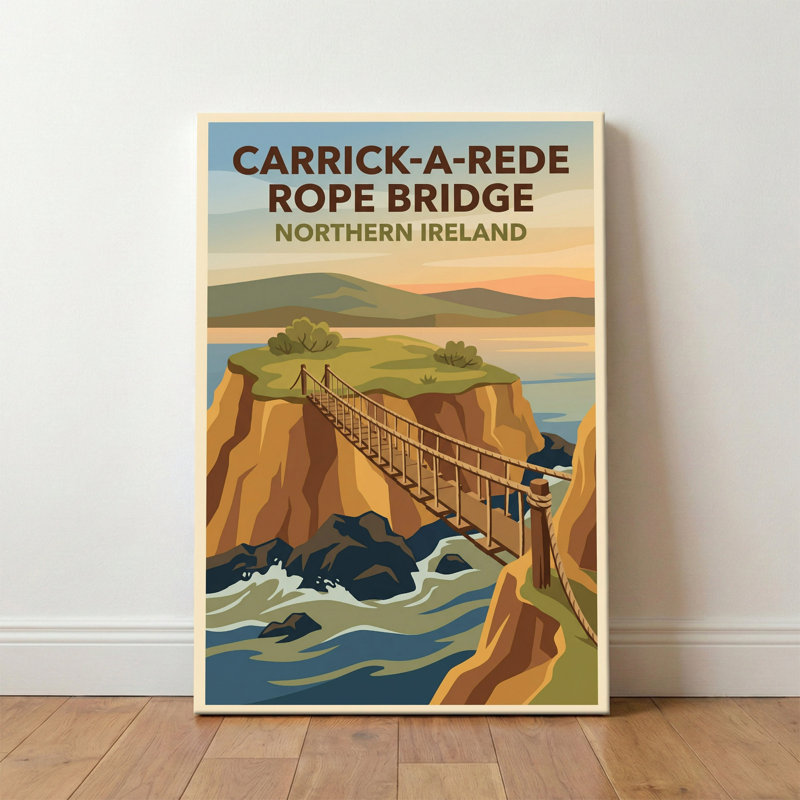 Carrick-a-Rede Rope Bridge, Northern Ireland - Romantic Travel Poster Of Atlantic Cliffs And Sea. Giclee Print On Wrapped Canvas. Wall Art, Home Decor - Coastal & Maritime, Northern Ireland - Wrapped Canvas Print