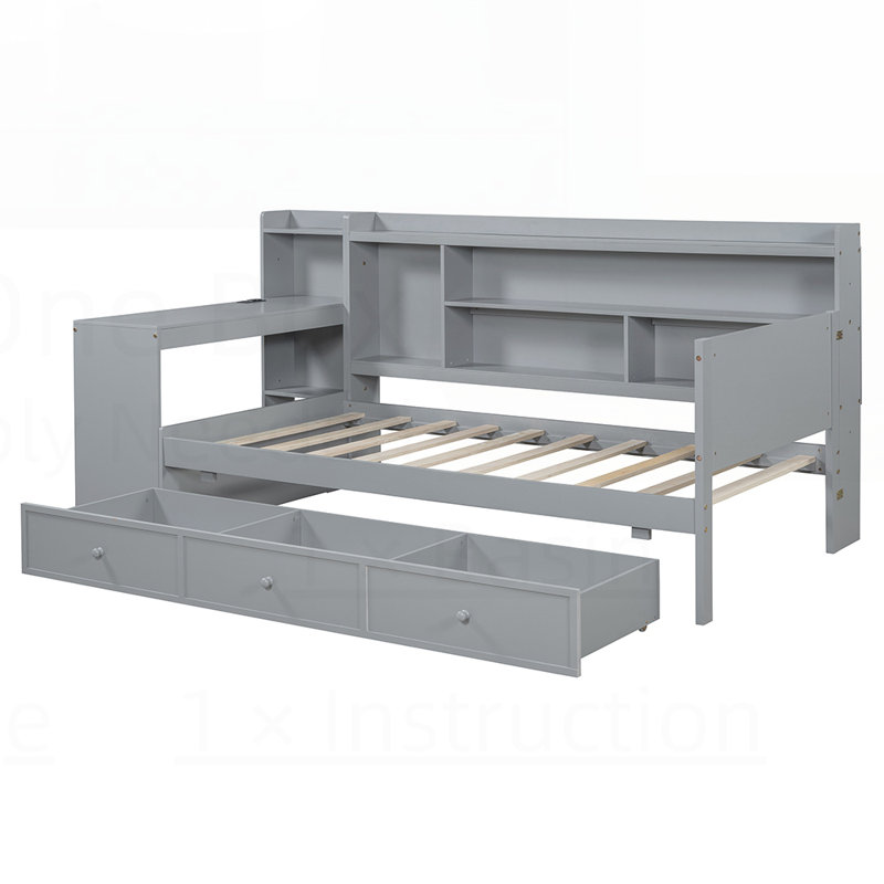Structure de lit en pin durable avec tiroirs de rangement, compartiments latéraux et bureau intégré pour une utilisation optimale de l'espace
