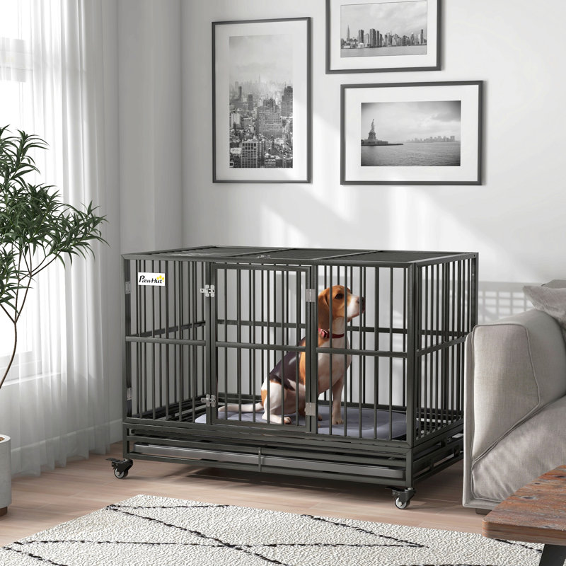Cage à chien en cage robuste de 48 po Pawhut avec roues verrouillables, porte double et plateau amovible, gris