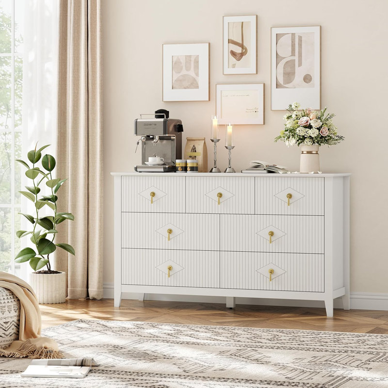 54" Wide Fluted 7-Drawer Modern Wooden Dresser, White