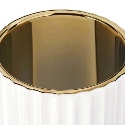 Talia 12" Ribbed Gloss White Ceramic Vase with Gold Trim Base