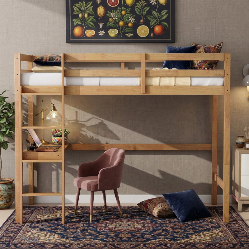 Lit mezzanine simple haut 78,6 po avec bureau intégré - Structure de lit d'étude en bois d'hévéa massif - Échelle de sécurité intégrée et garde-corps - Gris
