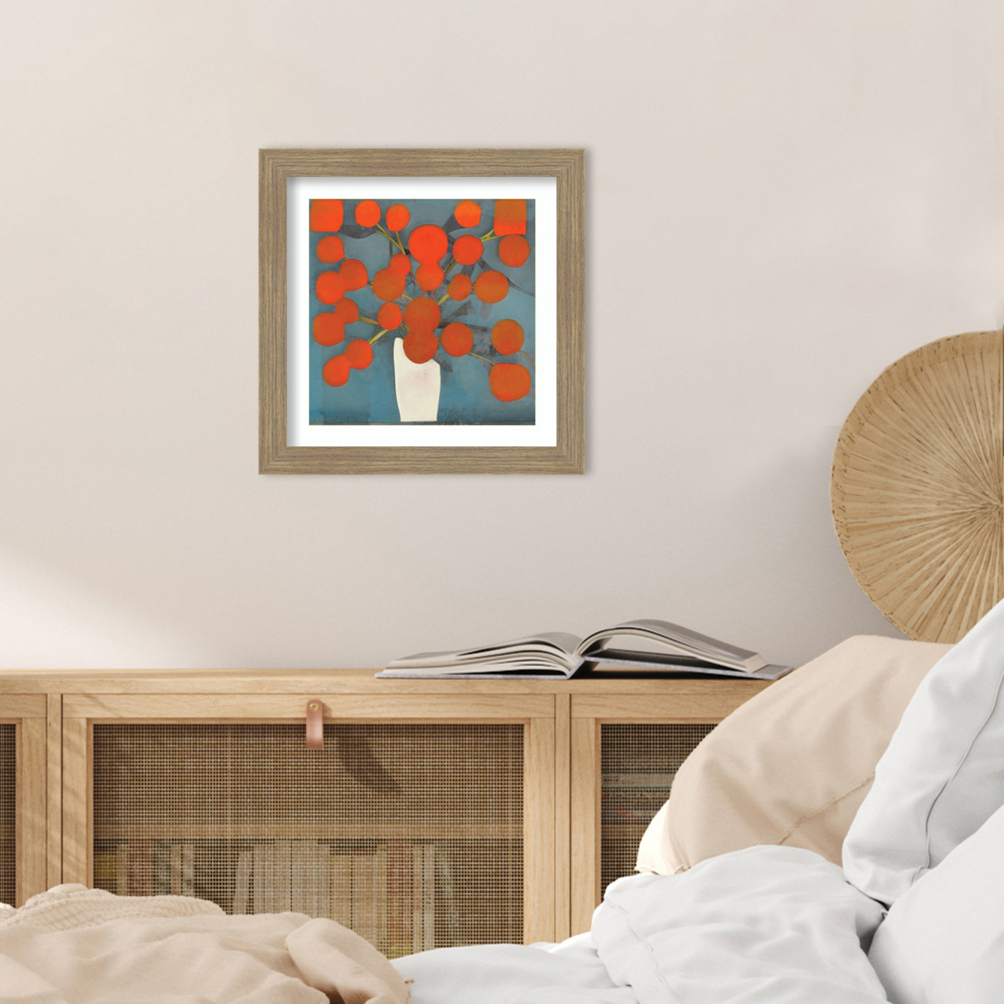 Abstract Orange Flowers by Elena Ray Wood Framed Wall Art Print, 14" H x 14" W, Brown