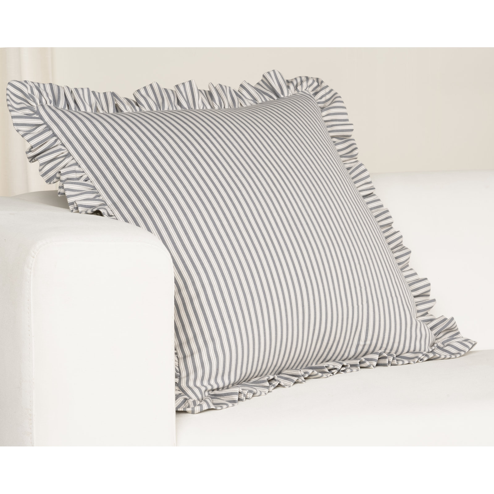 Birch Lane Polo Stripe Ruffled Accent Pillow, Feather, Grey