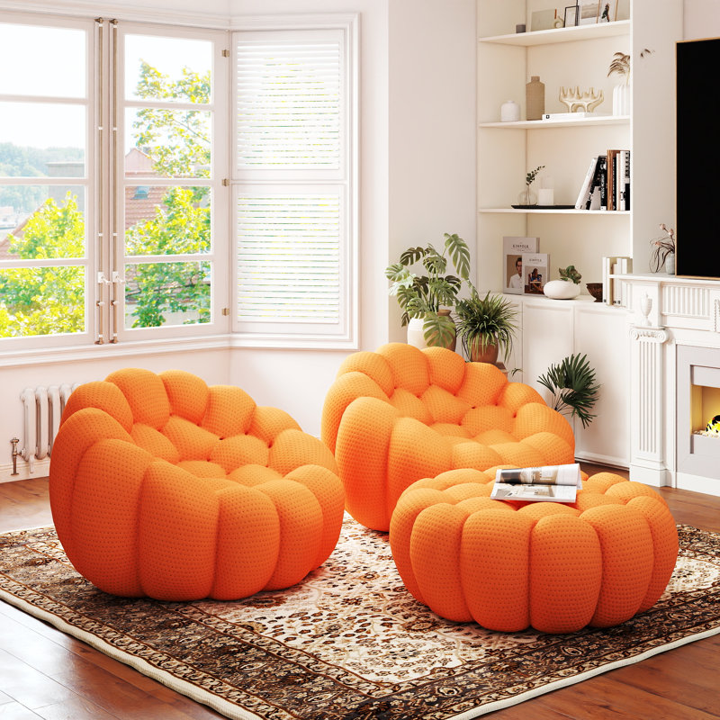 Kayi 48.43" Upholstered Pumpkin-shaped Club Accent Compression Chair With Ottoman(set Of 2), No Assembly Required, Orange