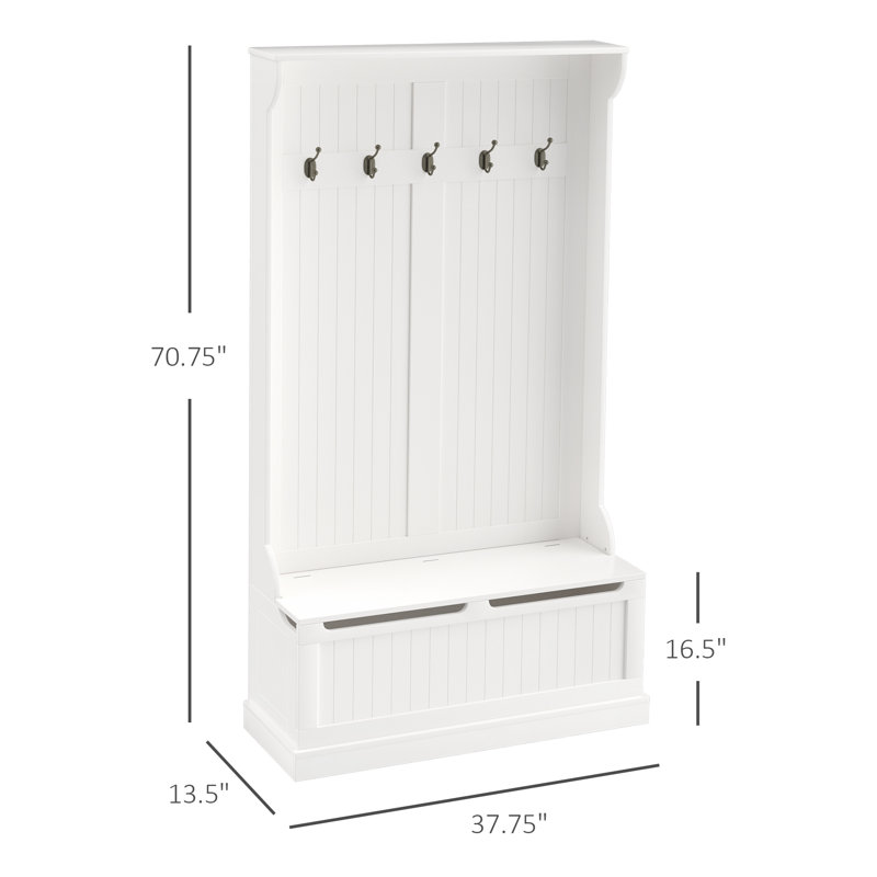 38" 3-In-1 Entryway Hall Tree With Storage Bench, Coat Rack With Four Hooks And Shoe Storage, Cream White
