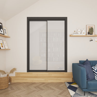 80" H x 48"W 2 Panels 1 Lite Closet And Room Divider​ Black Aluminum Frame Tempered Frosted Sliding Closet Door With Hardware Kit  