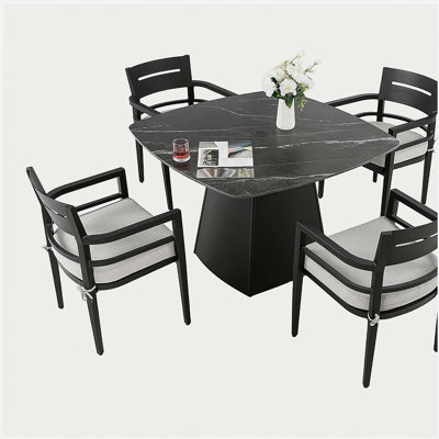 5-Piece Outdoor Pedestal Dining Set, 44" Rounded Square Sintered Stone Table with Flared Base and 4 Armchairs, Sunbrella Cushions, Rust-Free Aluminum, Weather-Resistant, for Patio or Deck