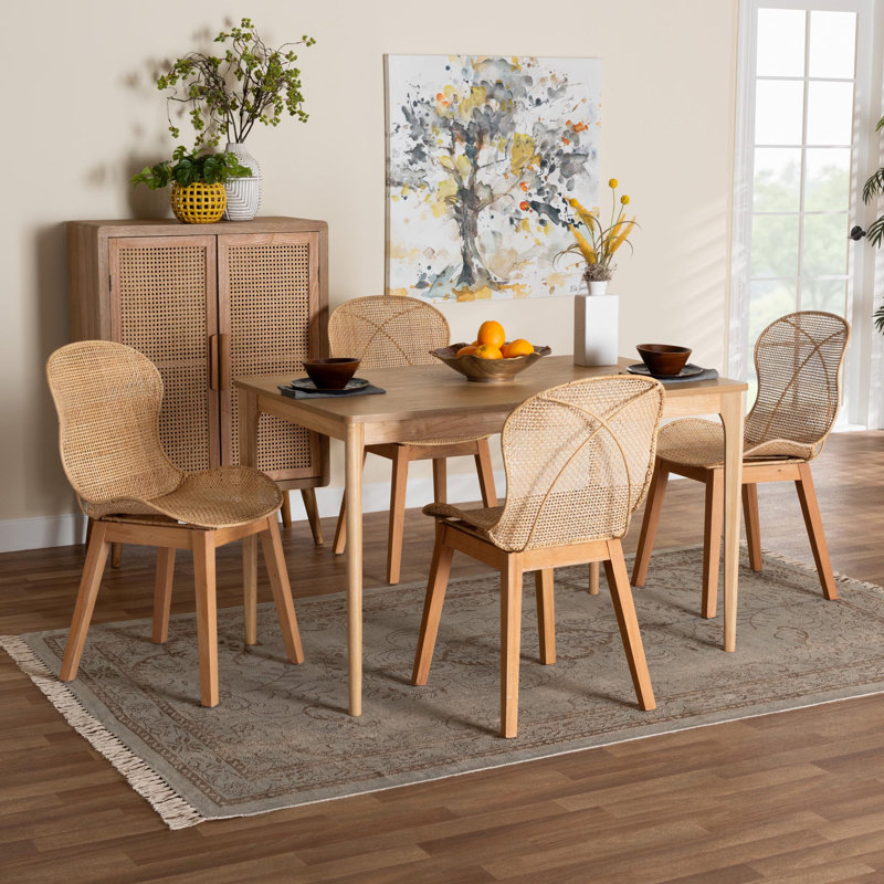 Kinnard 4 - Person Rattan and Mahogany wood Dining Set