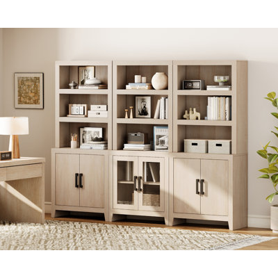 74"  Tall Bookshelf With Doors, Large Bookshelf Set Of 3 ,Farmhouse Bookcase With Open Shelves For Living Room, Home Office, Library, Beige