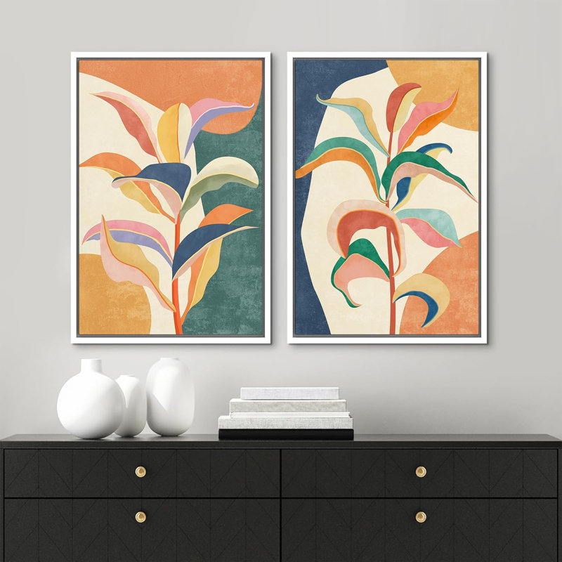«Abstract Botanical Colorful Tropical Jungle Leaf Botanical», reproduction sur toile encadrée 2 pièces, Blanc