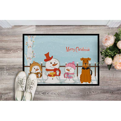 Tapis de porte extérieur antidérapant Burlap Merry Christmas Carolers Airedale