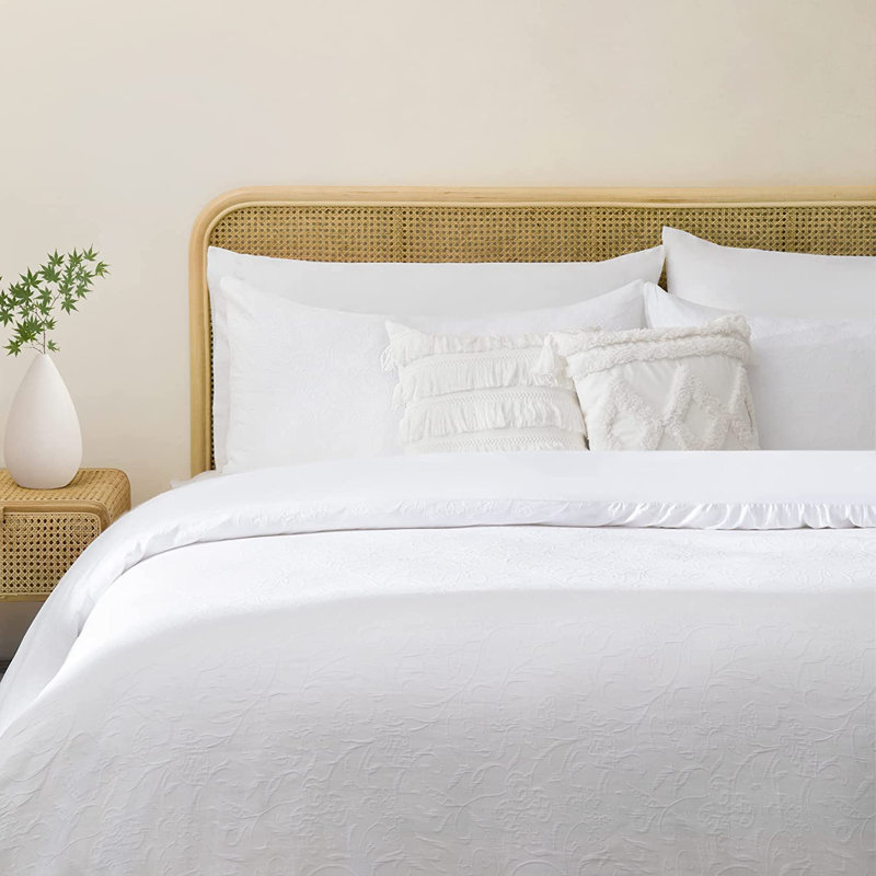 Ensemble de housse de couette pour grand lit de 3 avec motif floral en relief, blanc, 100% coton 300 fils, ensemble de literie en coton naturel, housse de couette et taies d'oreiller