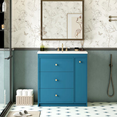 Ensemble de meuble-lavabo 30 po avec lavabo en céramique, ensemble de meuble-lavabo simple autoportant avec quatre tiroirs, meuble de rangement moderne, meuble-lavabo