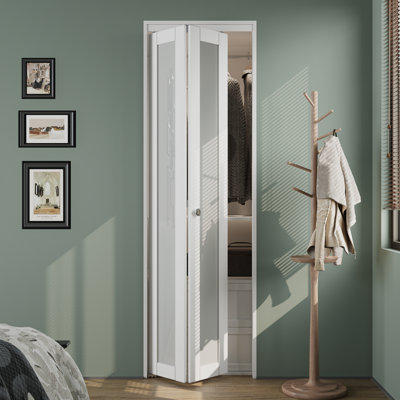 Bifold Doors 36"x80" , 1 Lite Tempered Frosted Glass Bi-Fold Closet Doors with Hardware Kit, Pre-Assembled White Folding Interior Doors, Easy Installati