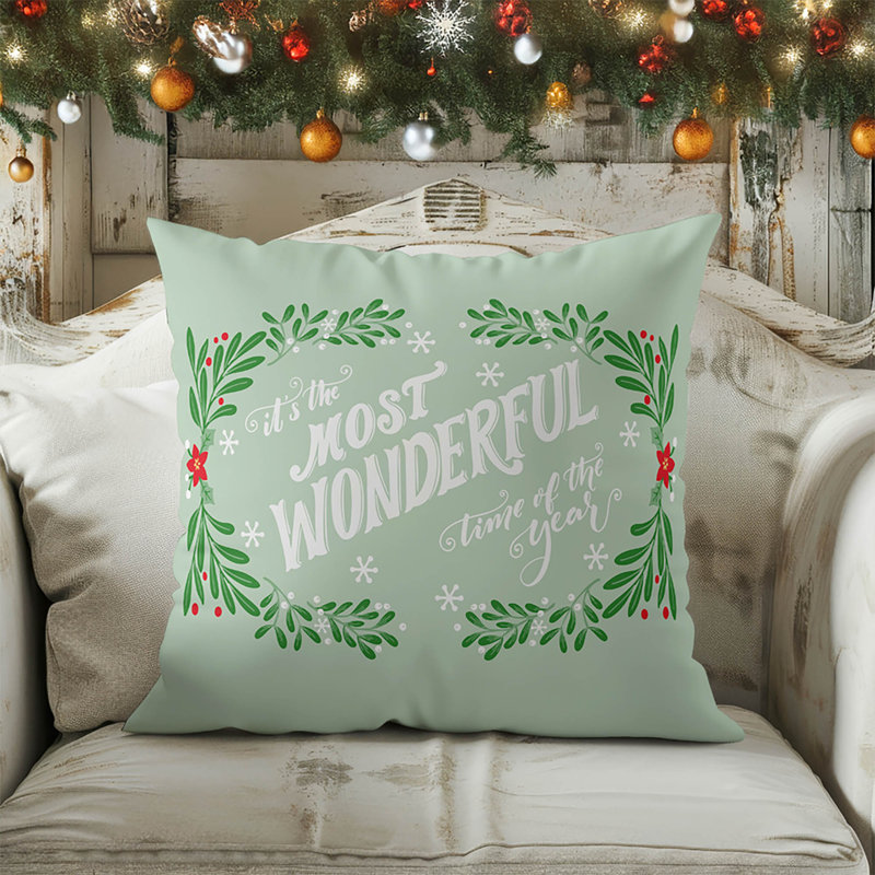 Coussin décoratif d'intérieur It's It's the Most Wondeful Time of the Year Seasonal, Motif floral vert, Carré 18 po