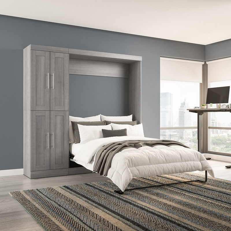 Arlex Wall Bed with Storage Unit with Doors, Platinum Gray, Full