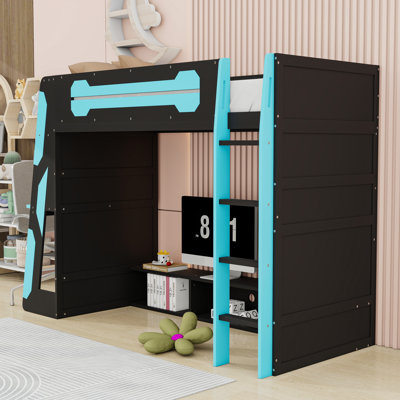 Lit mezzanine simple en bois avec lumière RVB, bureau et tablettes