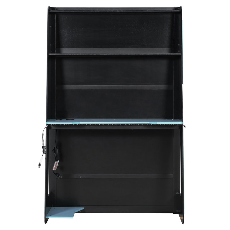 Lit mezzanine simple avec bureau, rangement multi-tablettes et éclairage RVB, structure en bois simple pour jouer et étudier, bleu nuage
