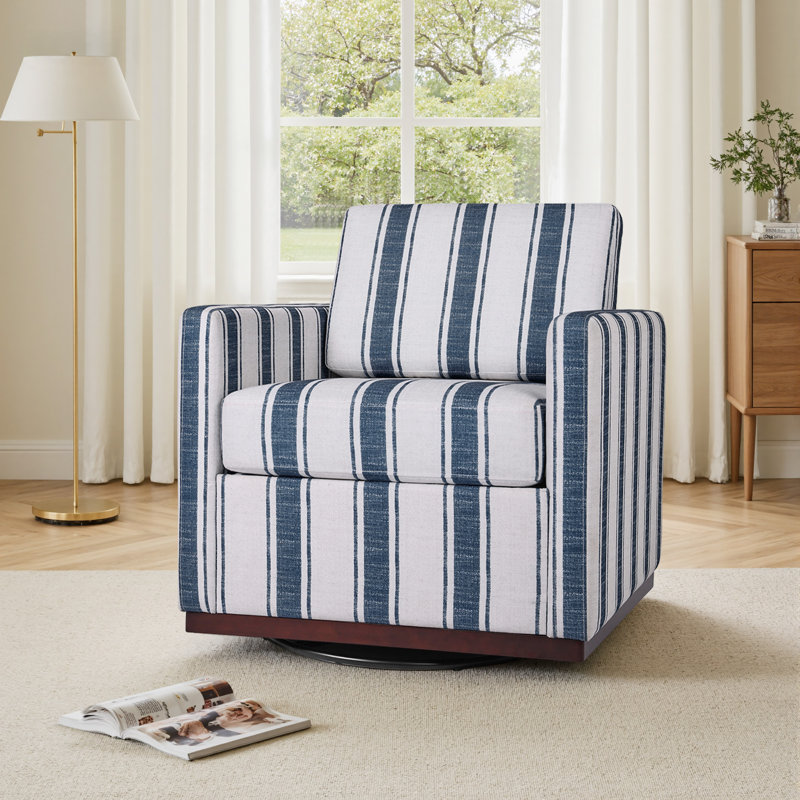 Modern Upholstered Striped Dark Blue Square Swivel Armchair with Matel Base, Stripe Dark Blue Cotton Blend