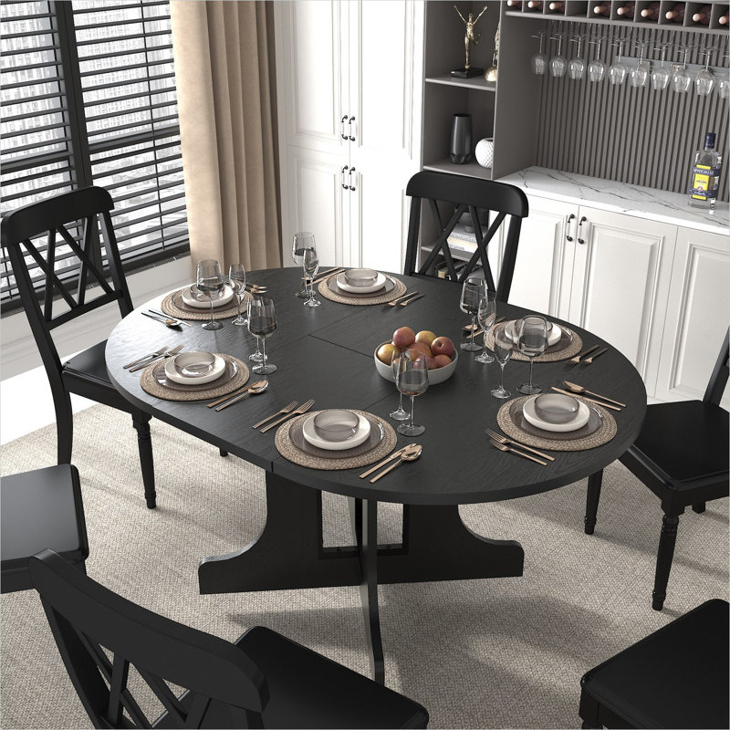 Table de salle à manger extensible ovale avec rallonge amovible, base en X noir foncé, 6 places, plateau en bois moyen, 59 po x 43 po
