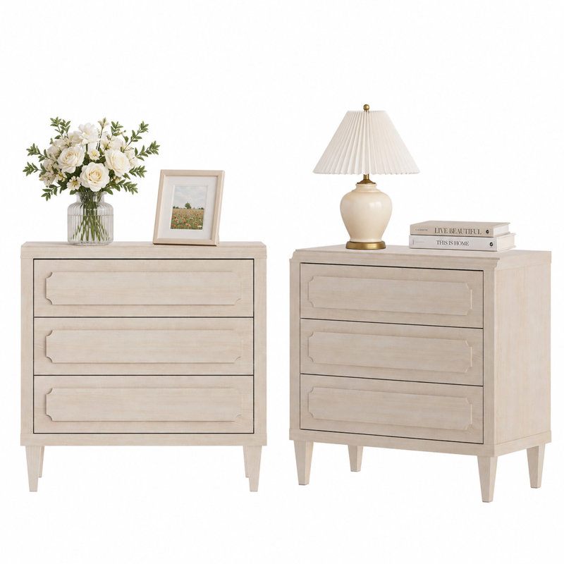 Ensemble de 2 grandes tables de chevet de 31,5 po avec 6 tiroirs, Beige