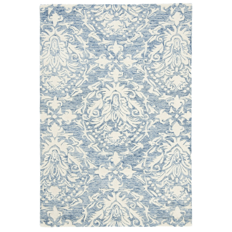 Tapis bleu / ivoire en laine touffeté à la main Ferrera, Rectangulaire 3 pi x 5 pi
