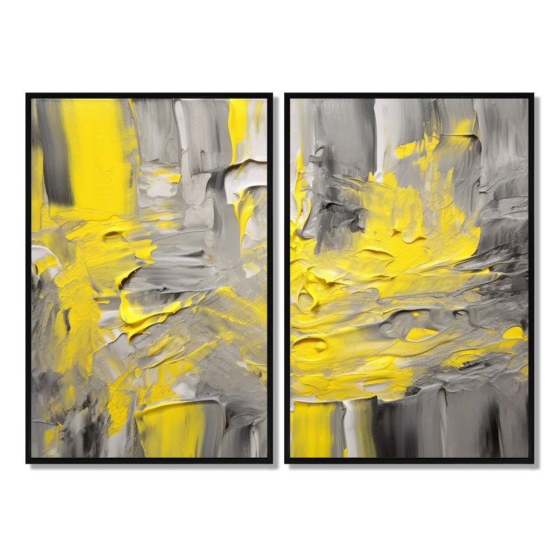 Moutarde jaune et gris vif IV - art mural abstrait, 36" H x 48" W, Framed Print without Mat, Black