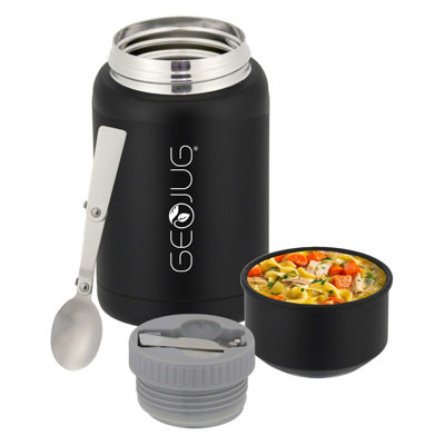  Pot alimentaire en acier inoxydable noir 17 oz avec bol et cuillère pliante GEOJug