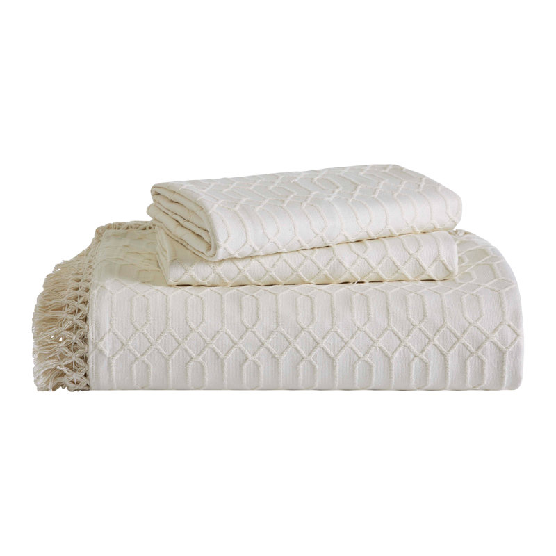 Remi All Season Breathable Jacquard Geometric Fringe Cotton-Poly Blend Bedspread Set With Shams, Ivory