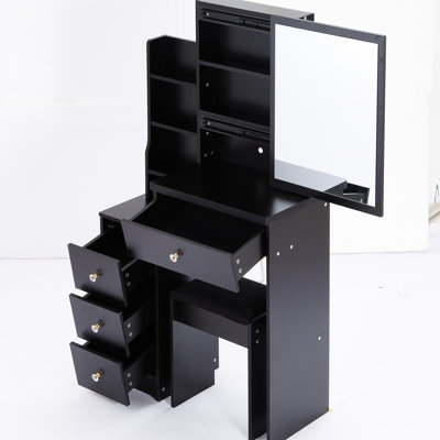 Compact Area Vanity With Cushioned Seat, Big Sliding Mirror, Multi-Layer Storage, Black Dressing Table For Restricted Bedroom Space Seat & Storage Bedrooms, , , , Ul Approved