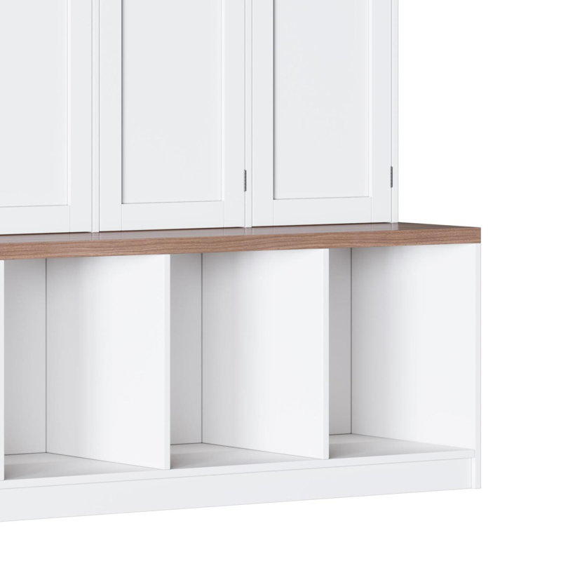 Farmhouse Hall Tree with Hidden Hanging Hooks, Versatile Seating Bench and Shoe Cabinet, White