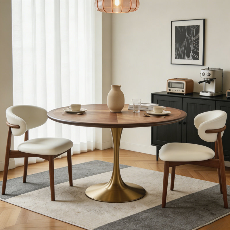 Nut-brown Round Solid Wood Dining table, 29.45" H x 35.43" W x 35.43" D