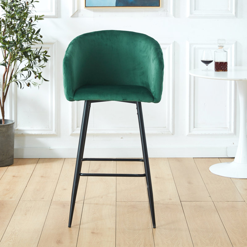 Counter Height Bar Stool, Set Of 2, Black Metal Legs, Velvet Upholstered For Pub, Restaurant, Kitchen Island (Green)