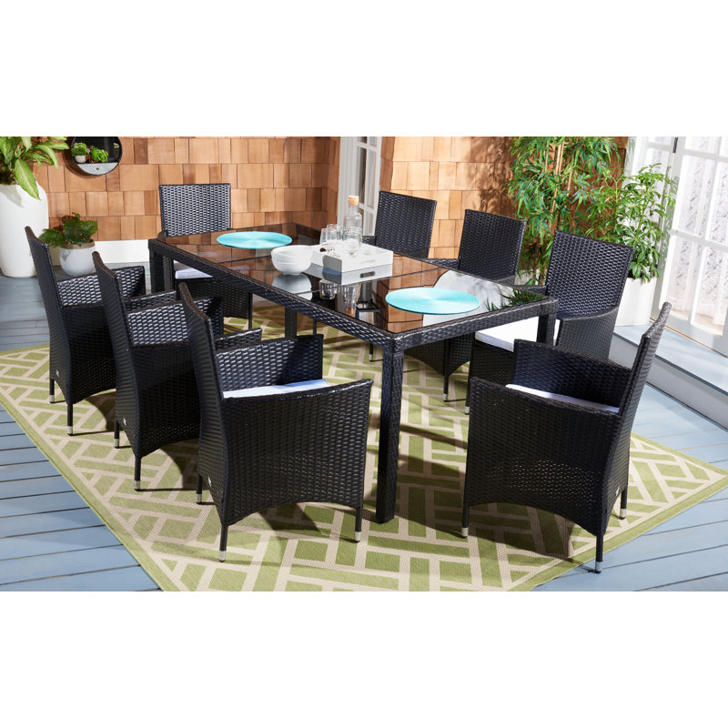 Hailee 8 - Person Wicker Patio Dining Set with Rectangular Table , Cushions Included, Black