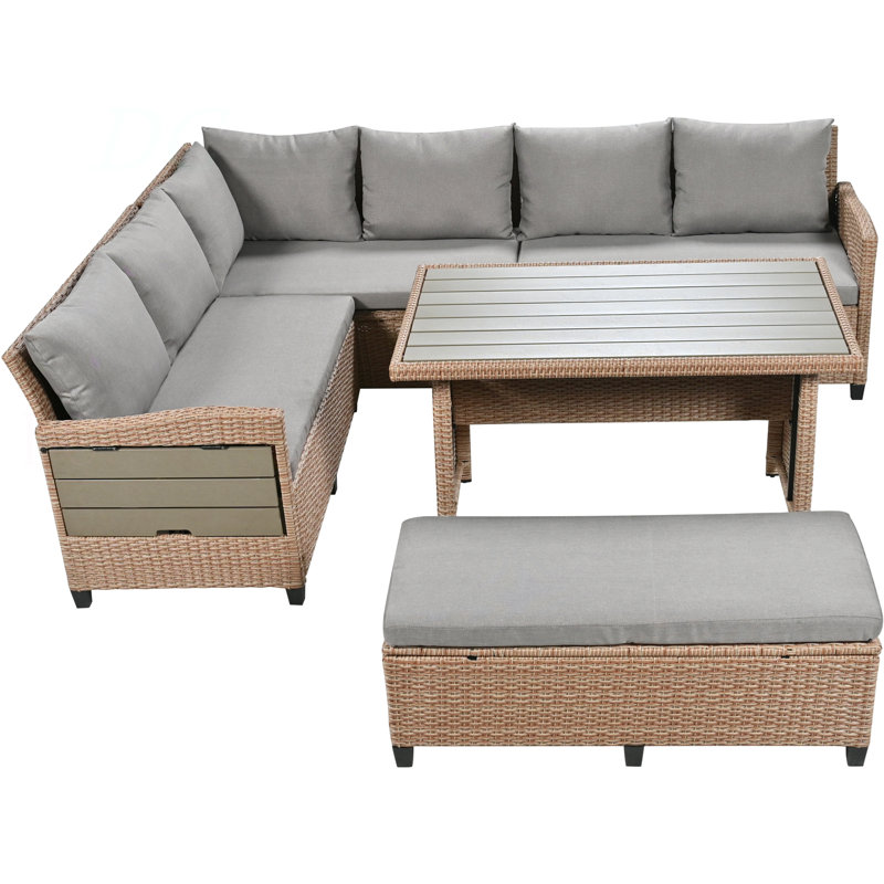 5-Piece Outdoor Patio Rattan Sofa Set, Sectional PE Wicker L-Shaped Garden Furniture Set With 2 Extendable Side Tables, Dining Table And Washable Covers For Backyard, Poolside, Indoor