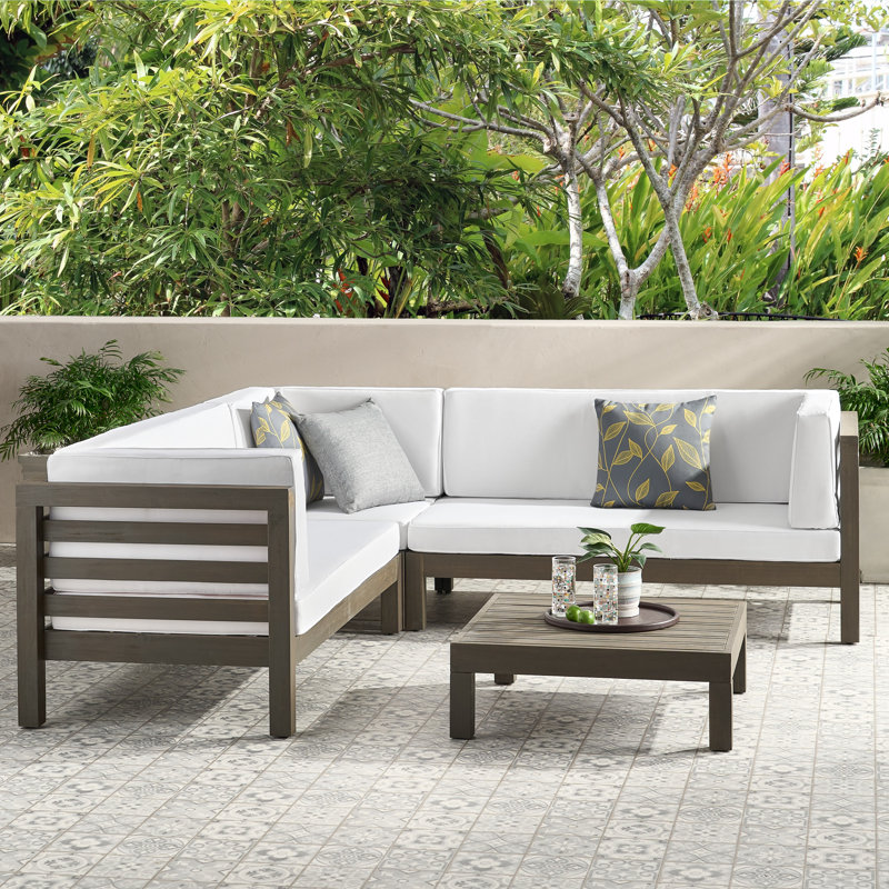 Ensemble de conversation modulaire 4 pièces avec coussins Adharsh, Structure grise / coussin blanc