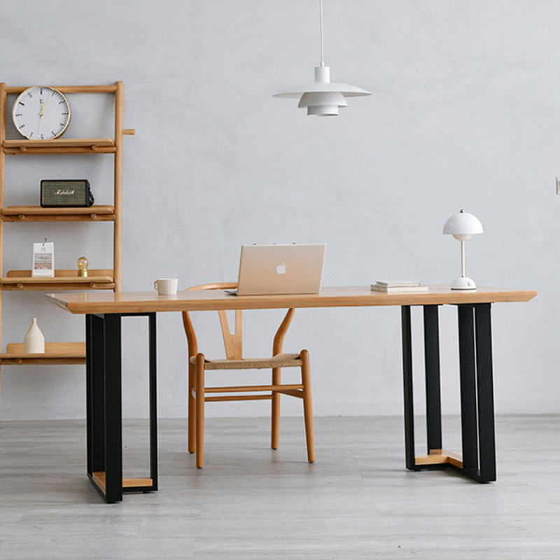 Burlywood,Black Rectangular Solid Wood Writing desk, 29.53" H x 62.99" W x 27.56" D