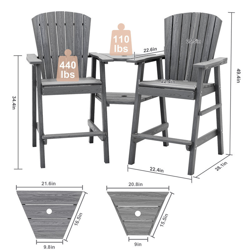 HDPE Tall Outdoor Adirondack Chair Set with DoubleRemovable Trays in Gray
