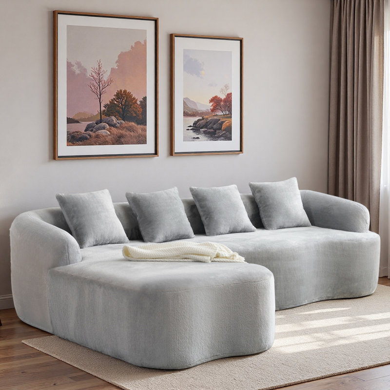 Canapé modulaire en L en chenille à compression complète avec méridienne courbée et coussins, Chenille beige