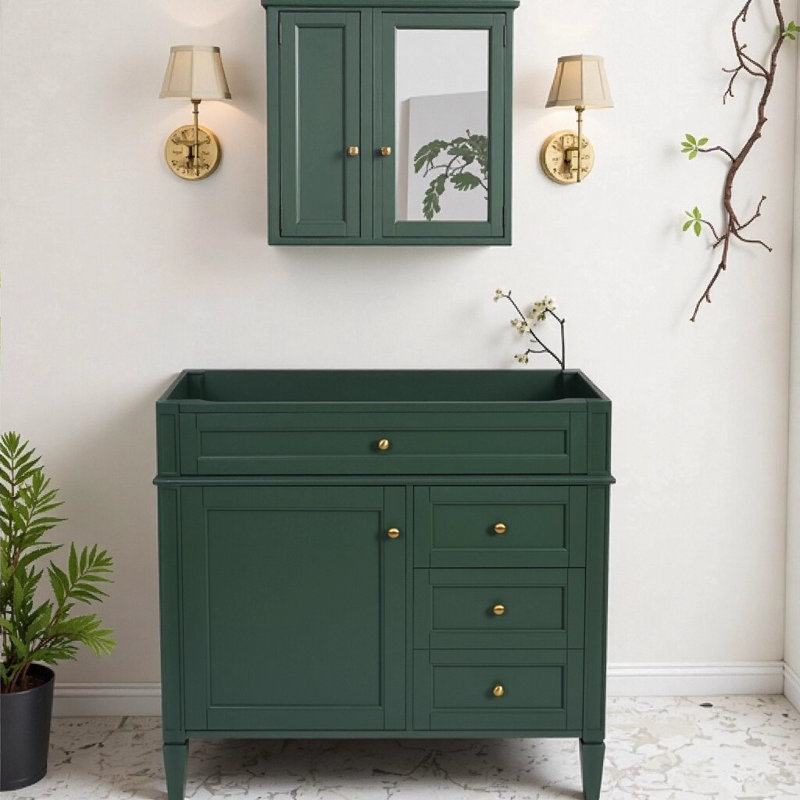Armoire de meuble-lavabo moderne 36 po sans lavabo, structure en bois massif vert avec 2 tiroirs, tiroir coulissant et porte d'armoire, rangement autoportant pour les essentiels de salle de bain