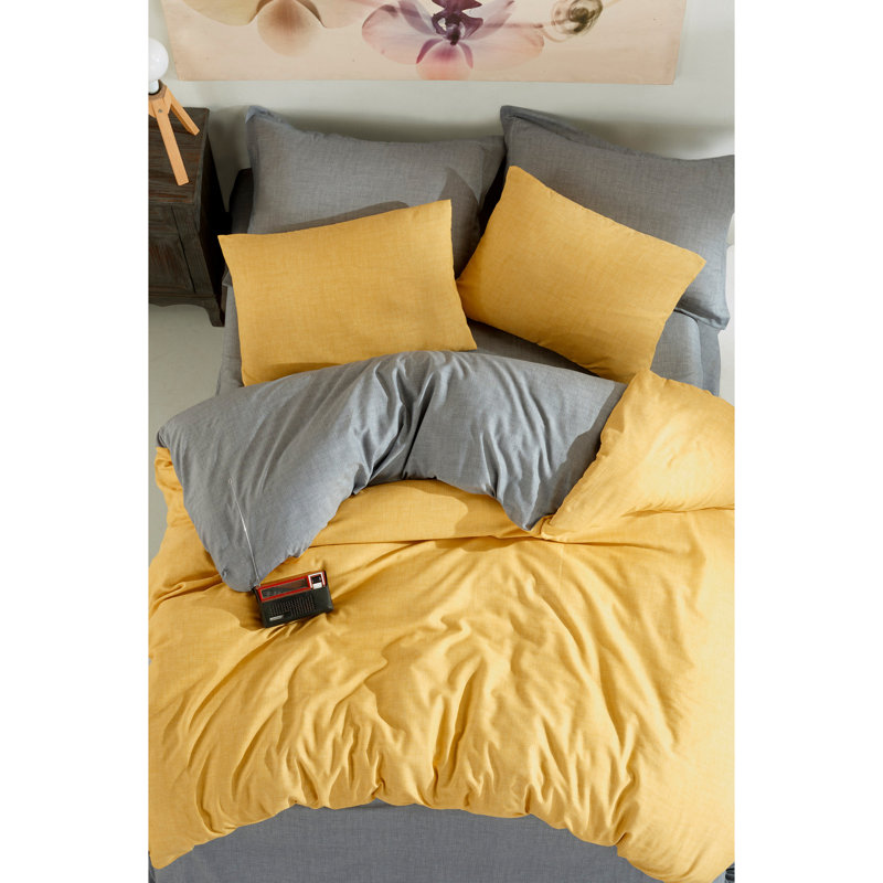 Ensemble de housse de couette en mélange de coton Gicel, Jaune, Housse de couette très grand + 2 taies d'oreiller