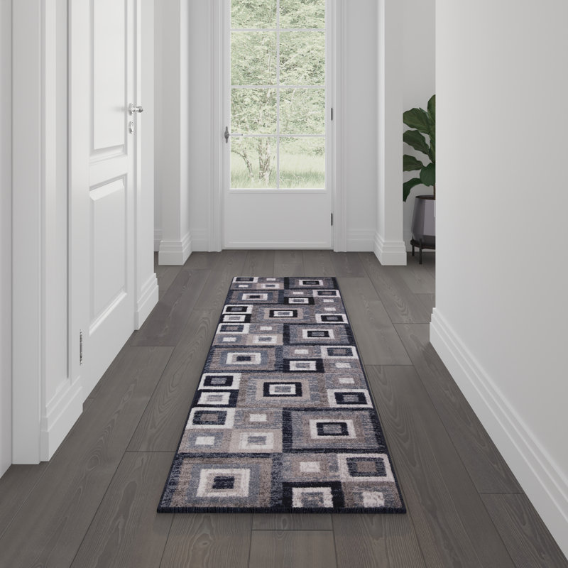 Tapis géométrique bleu / gris / blanc en polypropylène tissé à la machine Gideon, Tapis de couloir de 2 pi x 7 pi