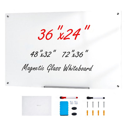 Magnetic Glass Whiteboard, Dry Erase Board 36"x24", Wall-Mounted Large White Glassboard Frameless, with Marker Tray, an Eraser and 2 Markers